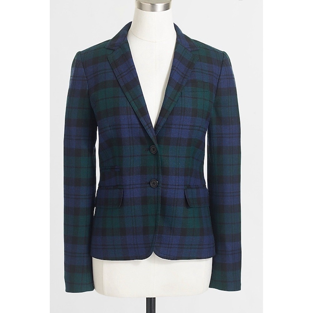 J Crew Blazer Jacket Womens sz.0 Academia Plaid Wool Black Watch Tartan Preppy